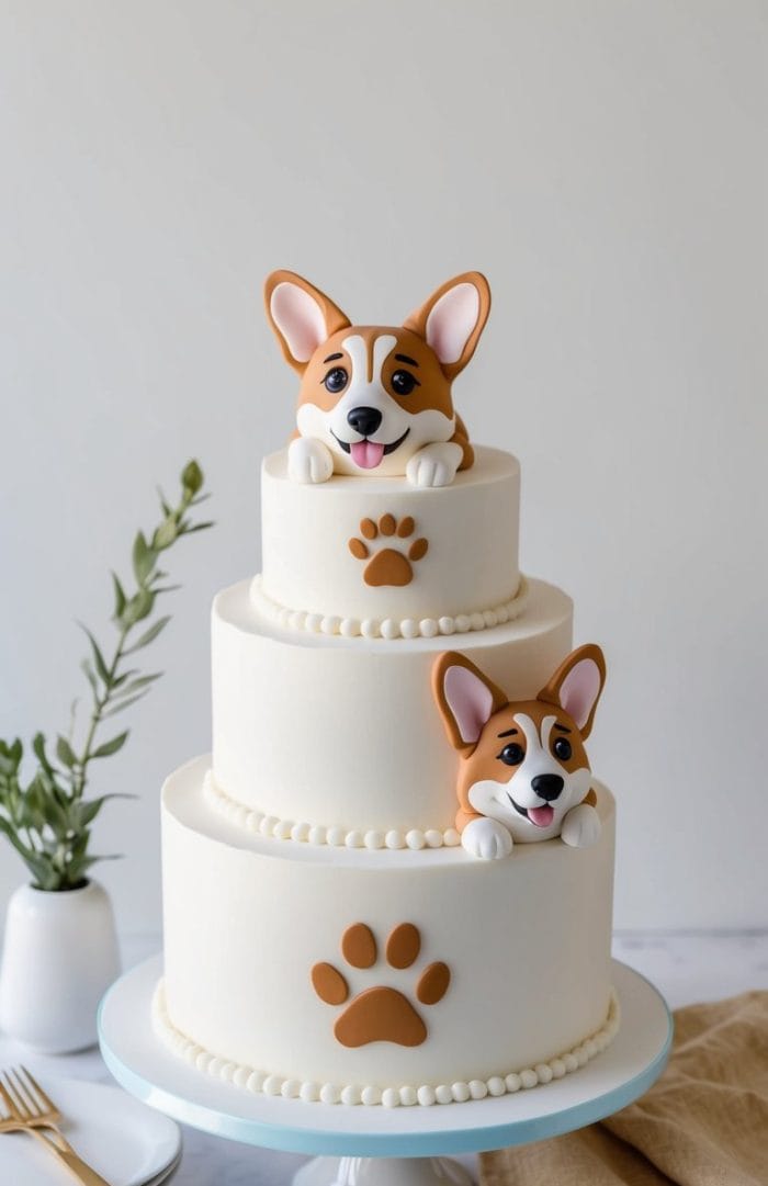A three-tier white cake decorated with fondant corgi dog faces and brown paw prints, with a small vase of greenery and plates nearby on a marble surface.