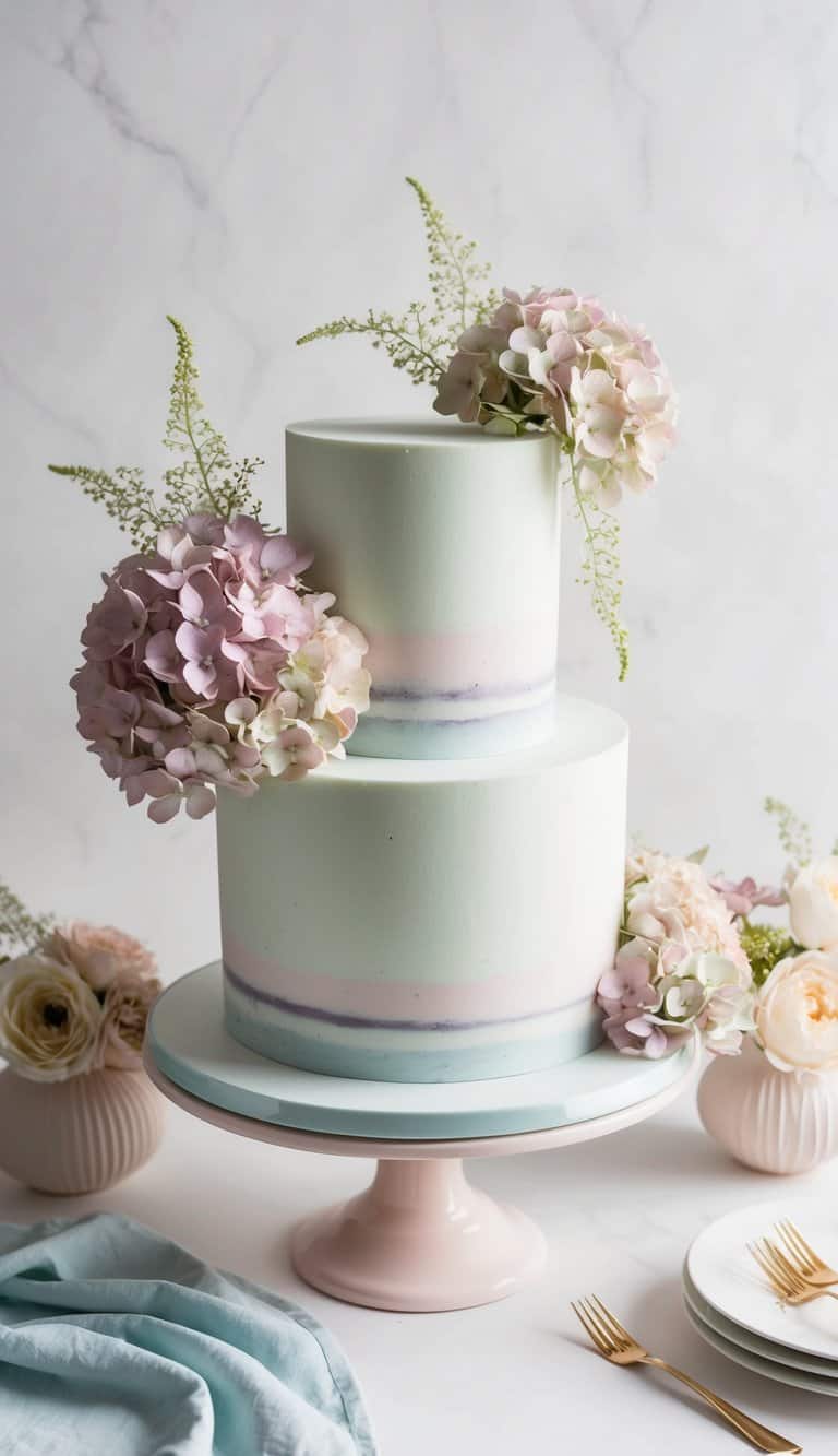 A pastel hydrangea cake surrounded by delicate floral decorations and elegant cake stands