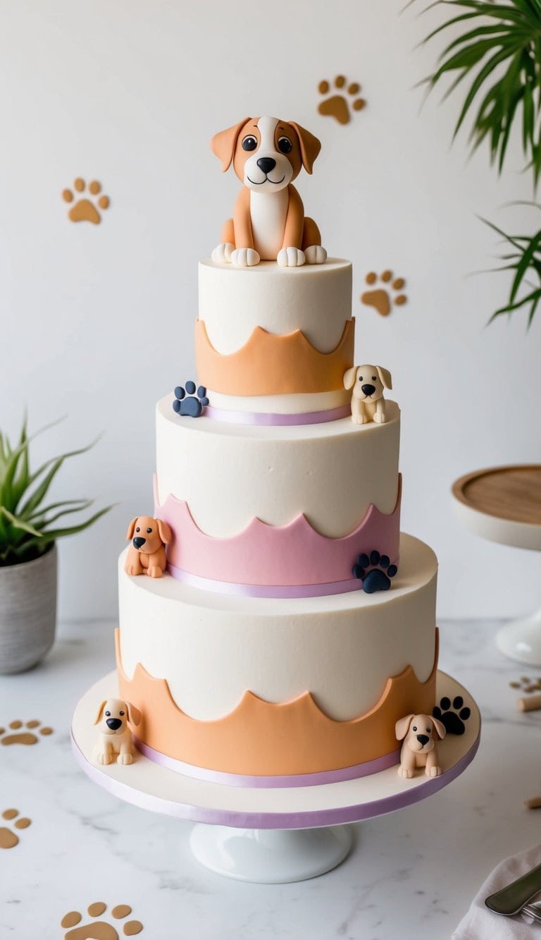 A playful puppy-themed cake surrounded by paw prints and dog toys