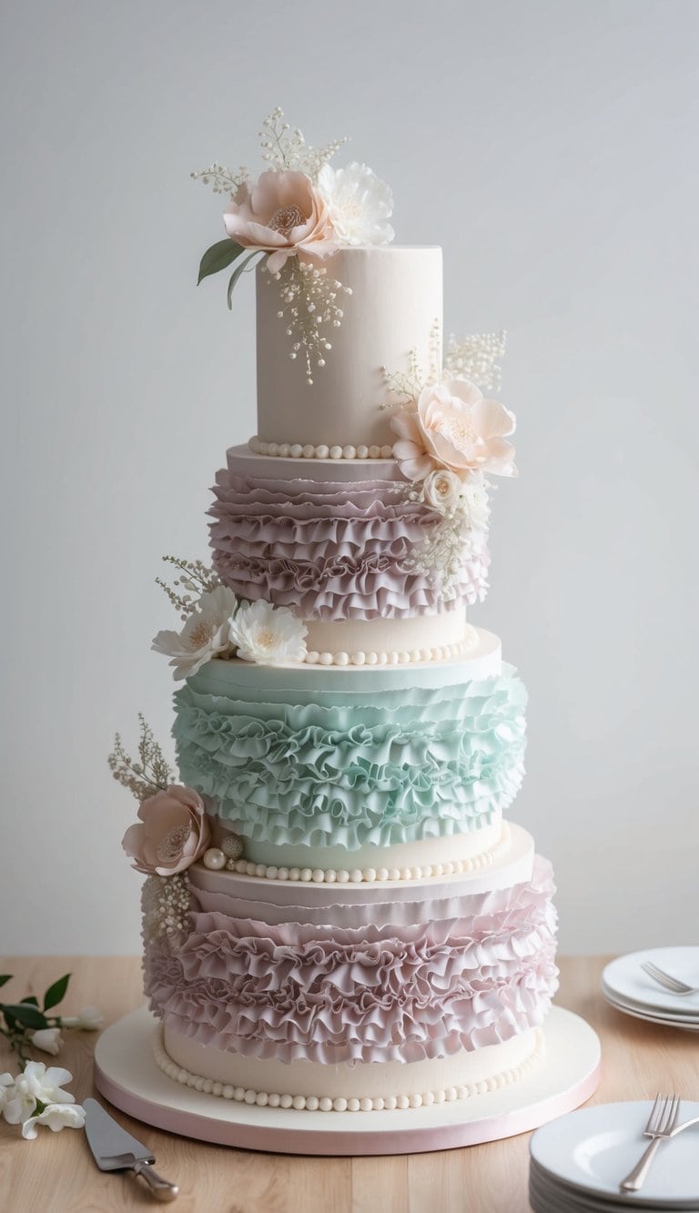 A tall, elegant cake adorned with delicate layers of ruffles in soft pastel colors, accented with intricate floral designs and shimmering pearls