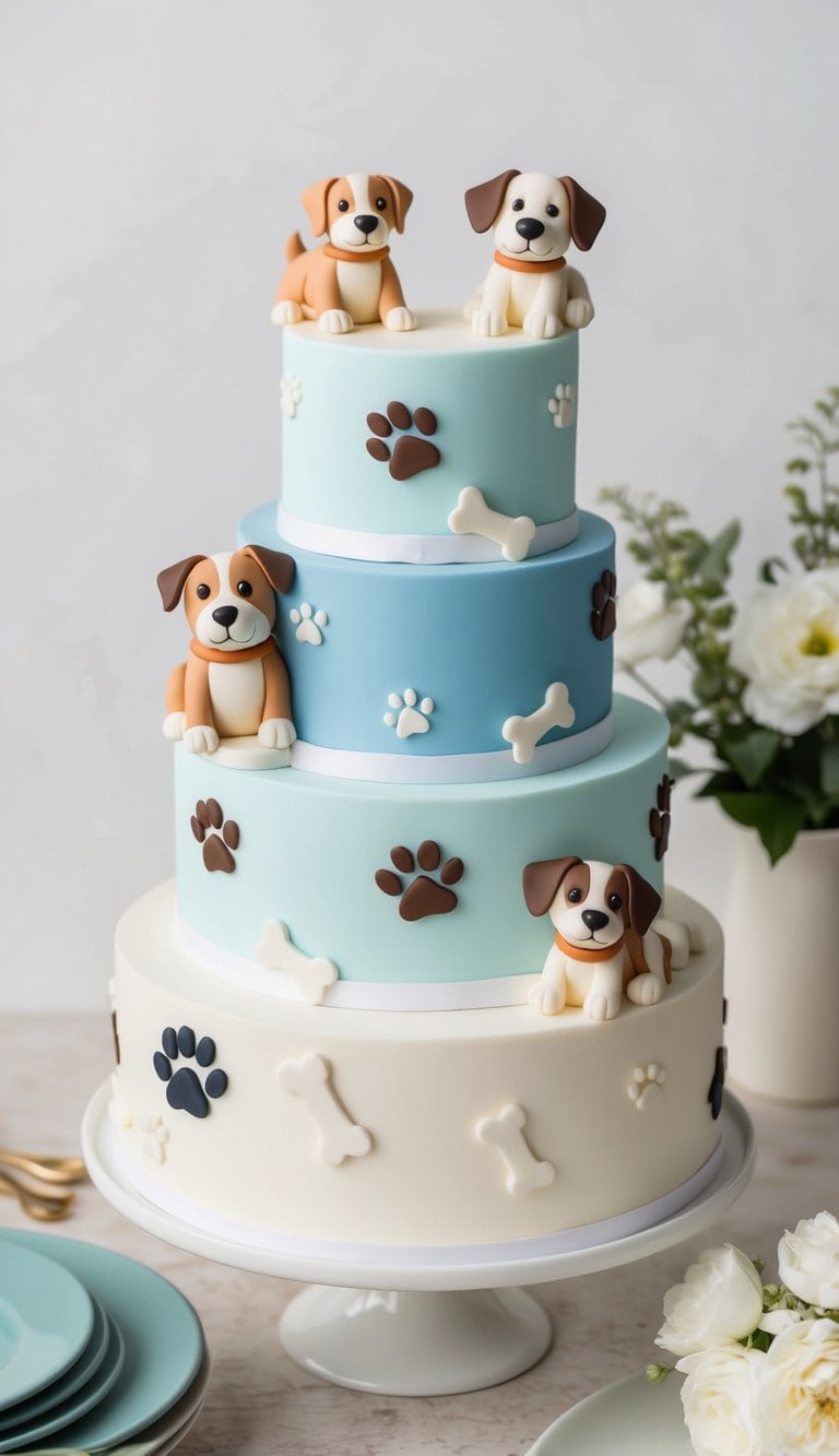 A playful scene of dog-themed cake decorations, with paw prints, bones, and cute puppy figurines