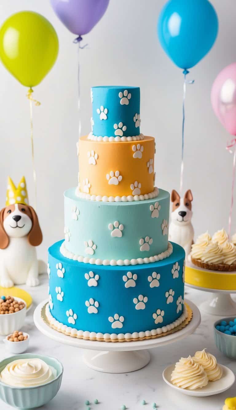 A colorful cake adorned with paw prints and balloons, surrounded by playful dog-themed decorations