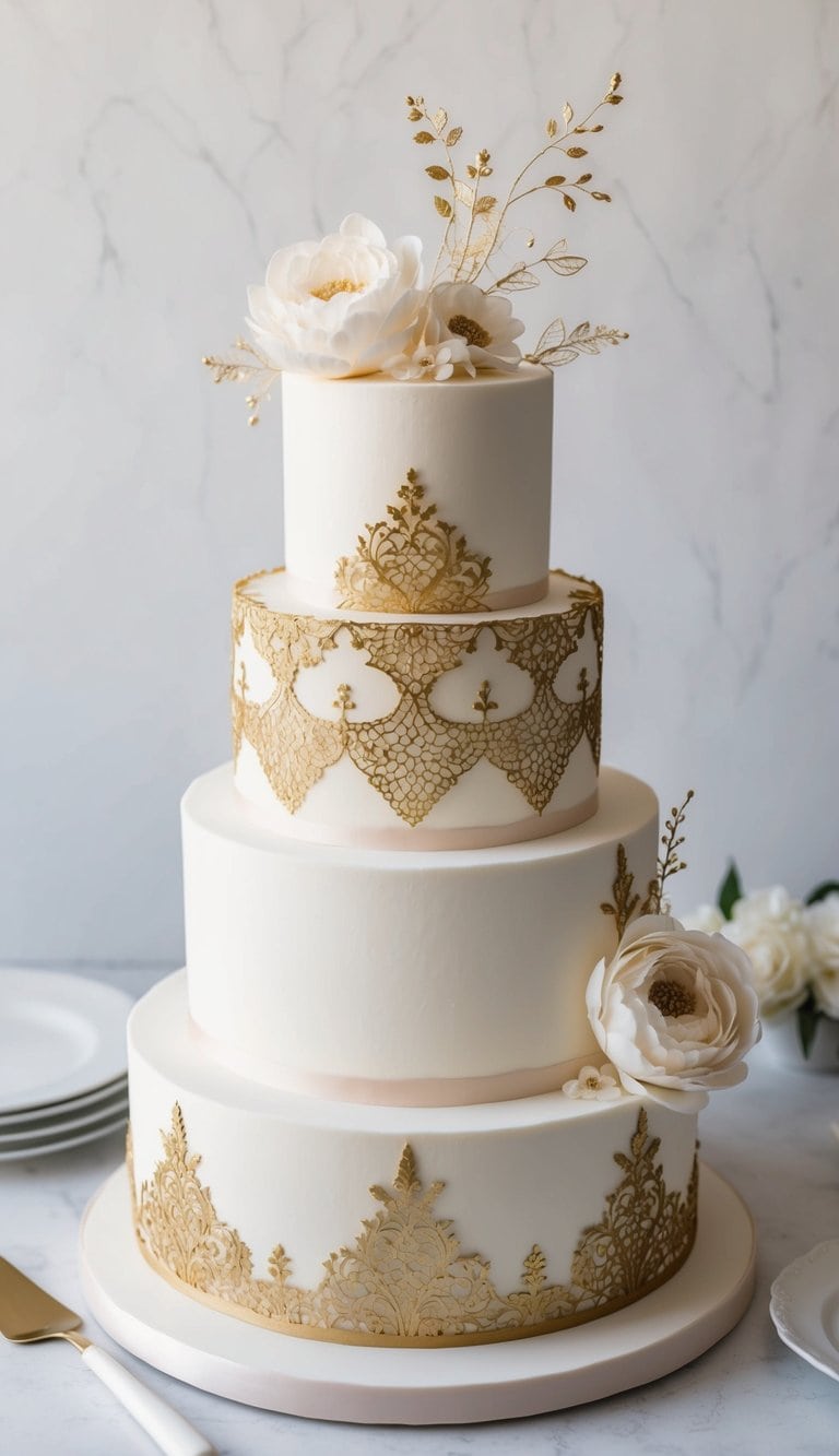 A tiered cake adorned with intricate gold filigree, delicate floral patterns, and elegant lace-like details