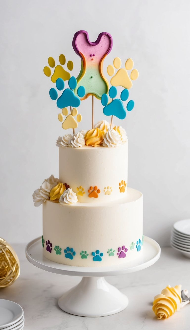 A colorful dog treat cake topper surrounded by paw prints and playful dog-themed decorations