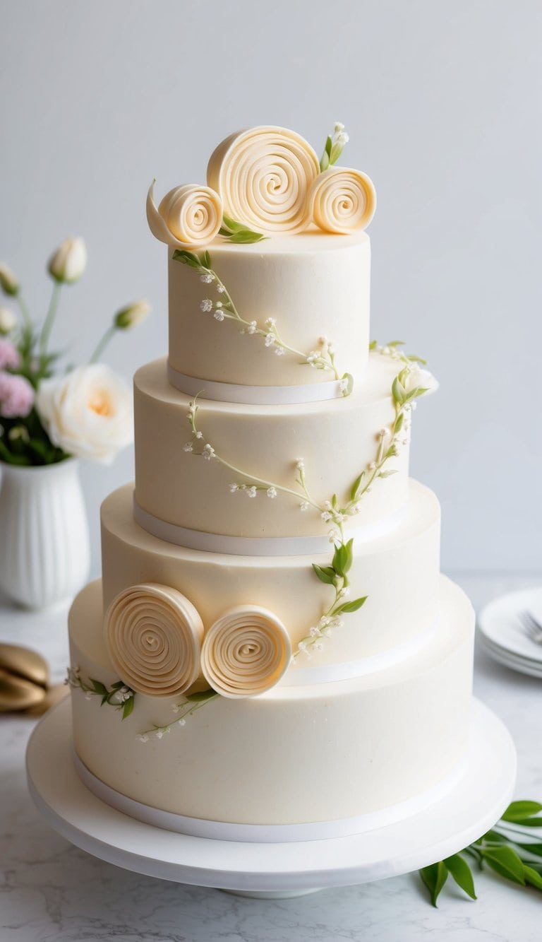 A beautiful cake adorned with delicate spiral flower coils in elegant Mother's Day cake decorating