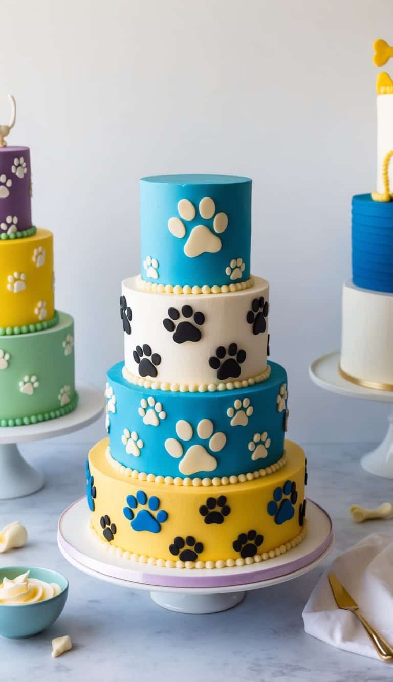 A colorful display of dog-themed cakes with playful paw prints and pup-inspired designs