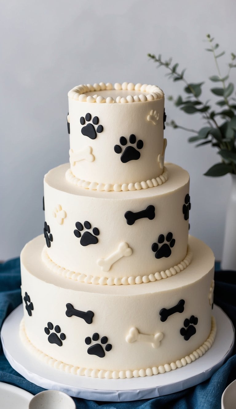 A playful dog-themed cake with paw prints and bones as decorations
