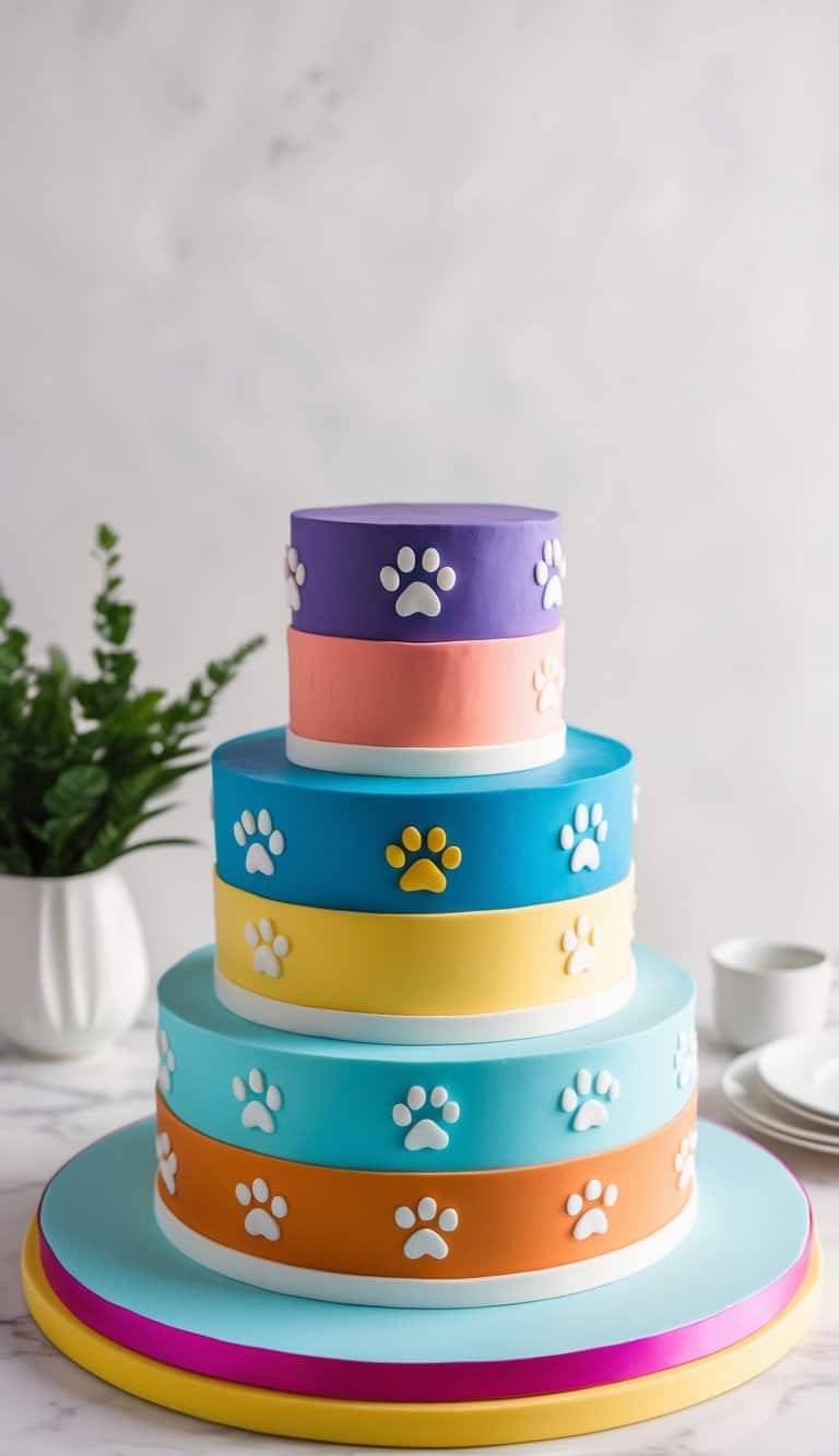 A colorful dog-themed cake with paw prints and playful designs