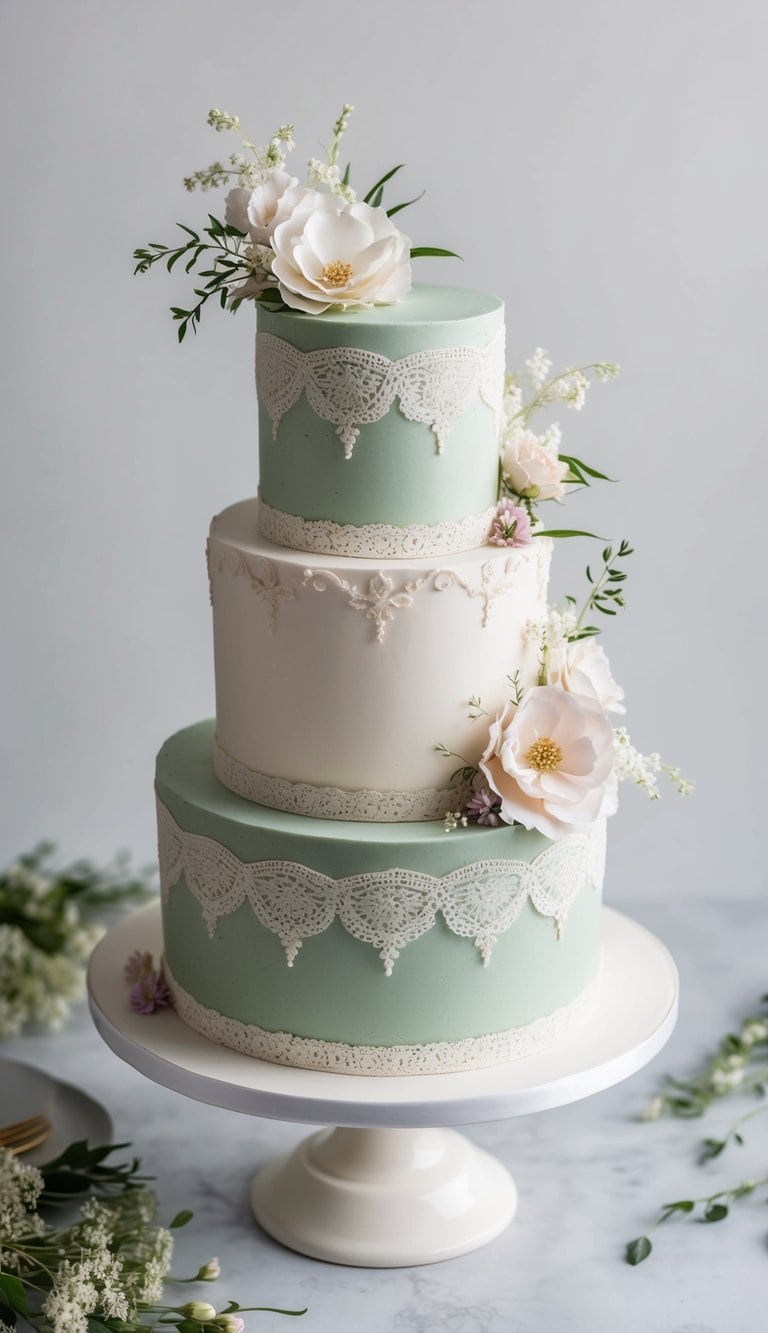 A vintage garden-themed cake adorned with delicate flowers, lace, and elegant details