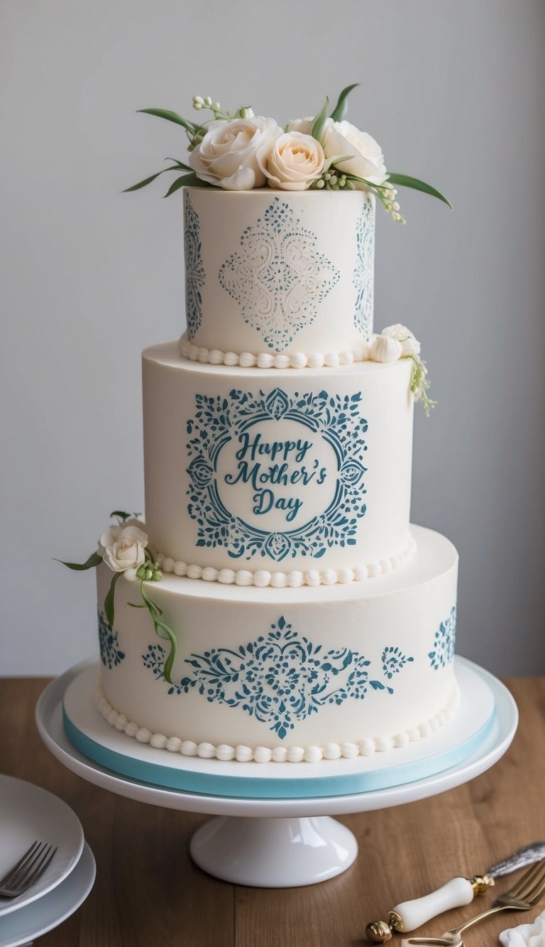 A beautifully decorated cake with intricate stencil art and elegant designs, showcasing the love and appreciation for Mother's Day
