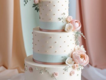 Three-tiered white cake adorned with pastel pink flowers and leaves. Each tier has pink and blue ribbons and pearl-like decorations. It sits on a white stand with a soft multicolored draped background.