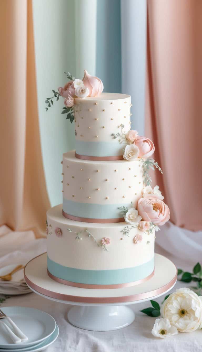 A three-tiered cake adorned with delicate Swiss dots, floral accents, and elegant piping, set against a backdrop of soft pastel colors