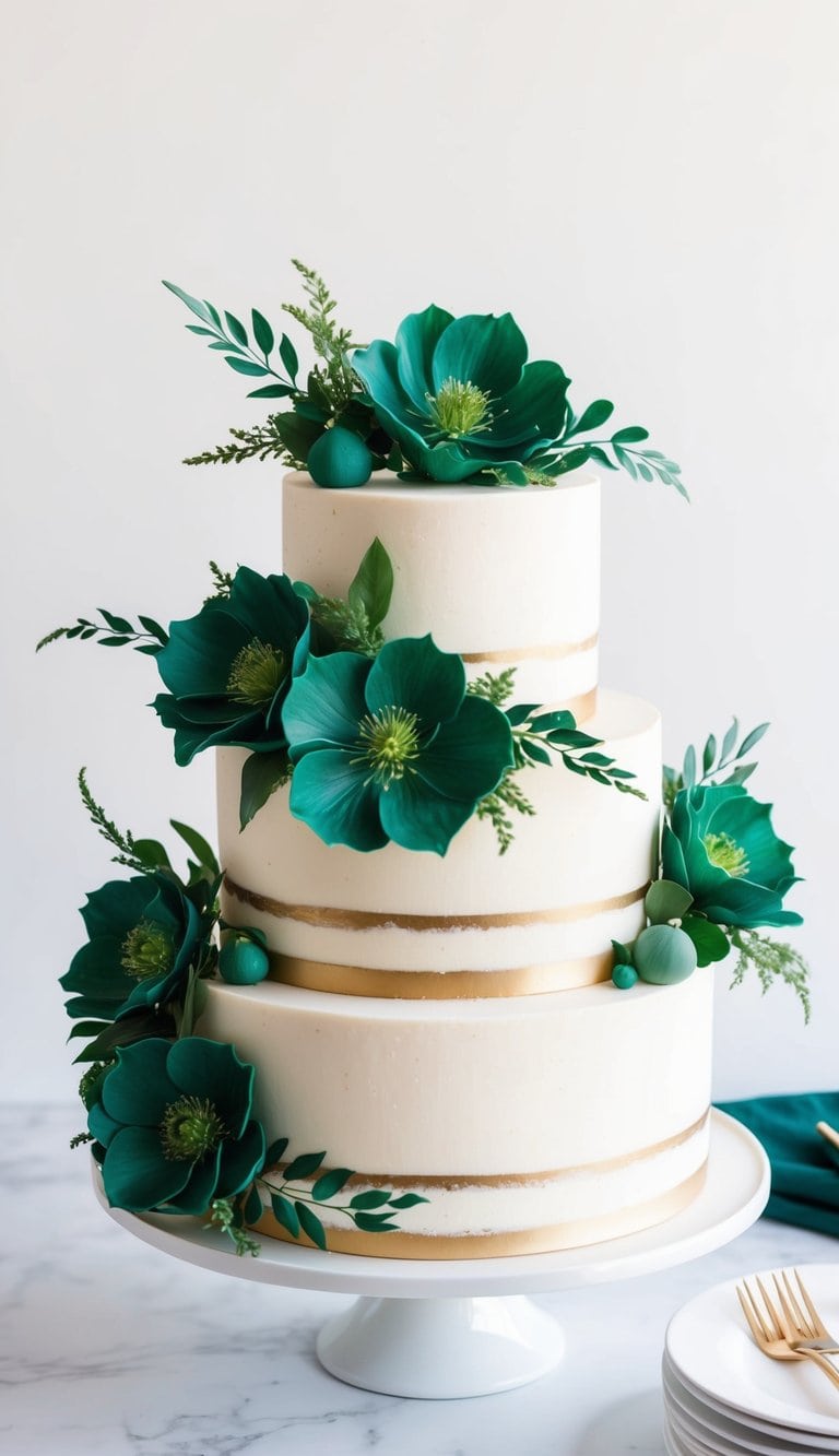 A three-tiered cake adorned with vibrant emerald green edible flowers and foliage, set against a clean white background