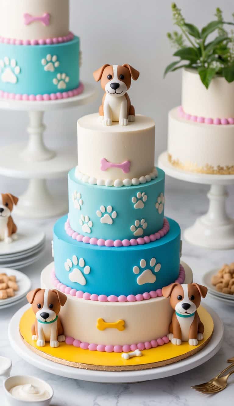 A playful dog-themed cake with paw prints, bones, and cute dog figurines surrounded by colorful frosting and decorative elements