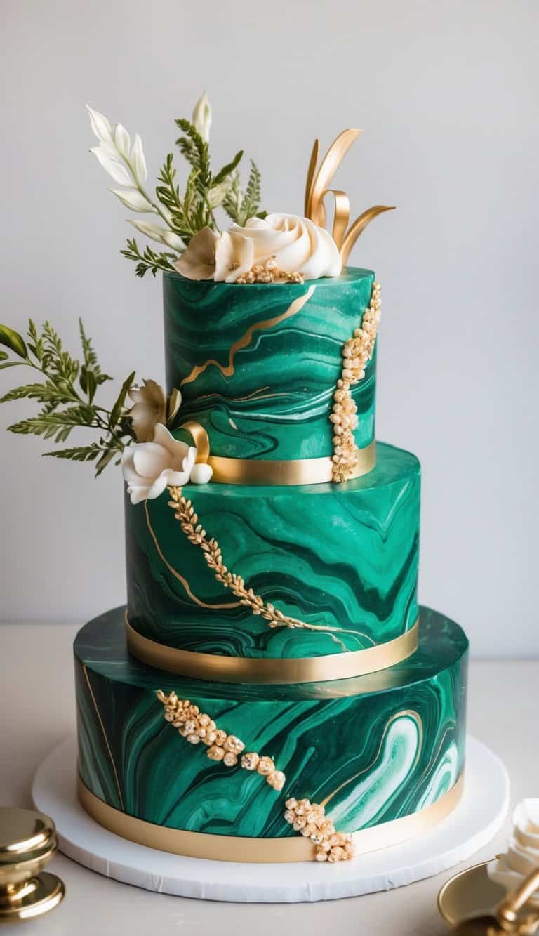 A multi-tiered cake with a rich emerald green marble texture, adorned with intricate fondant decorations and shimmering edible gold accents