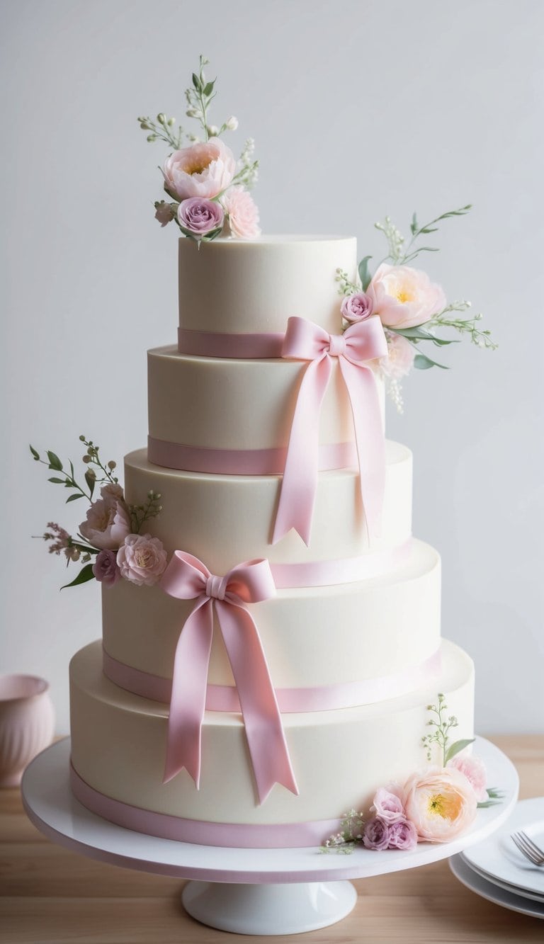Pastel ribbons gracefully adorn an elegant Mother's Day cake, with delicate floral accents and a heartfelt design