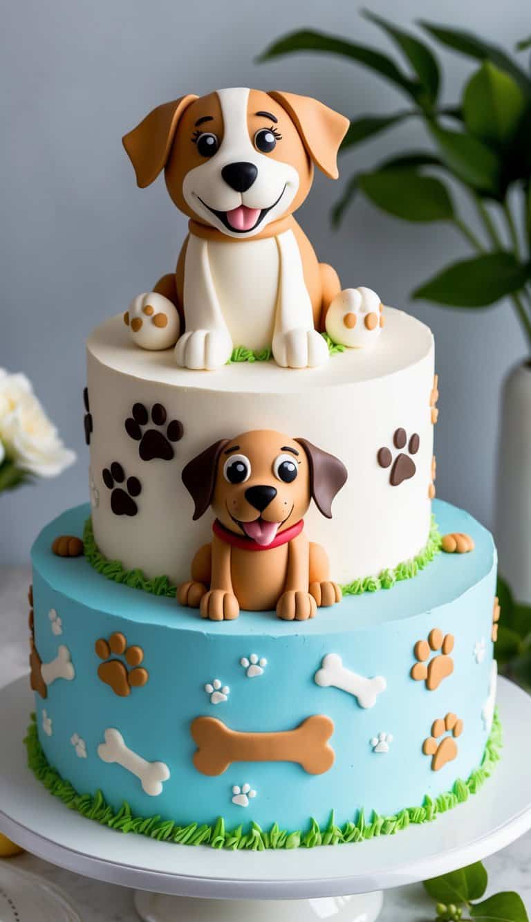 A happy puppy surrounded by paw prints, bones, and playful decorations on a dog-themed cake