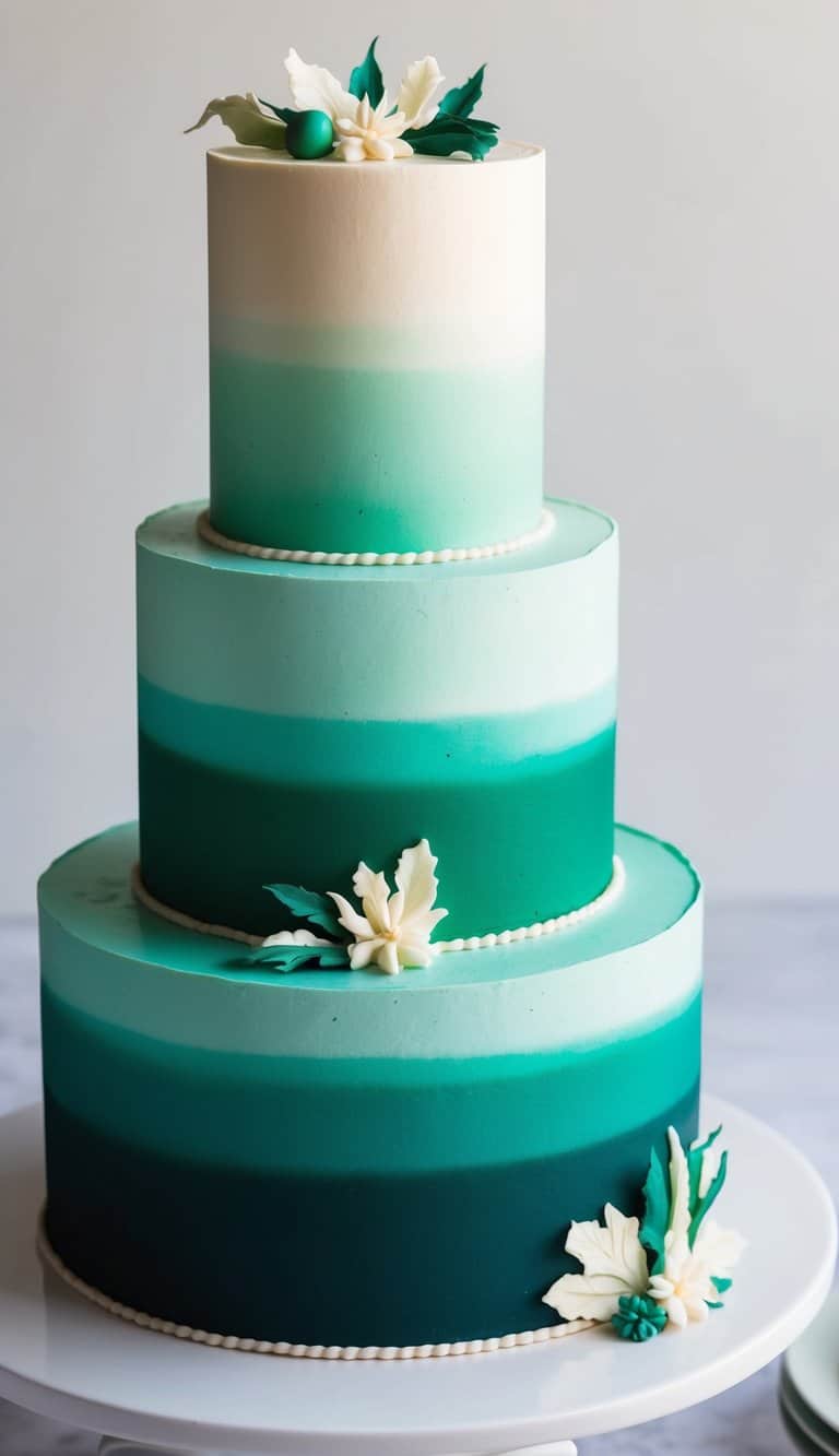 A three-tiered cake with a smooth ombre effect transitioning from dark emerald green at the bottom to a lighter shade at the top