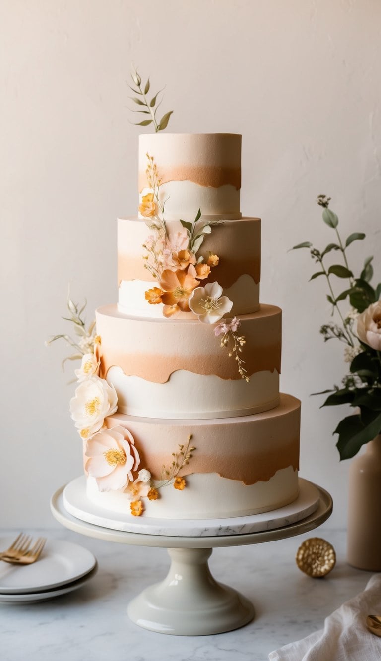 A beautifully decorated cake with delicate floral designs and a warm, inviting color palette