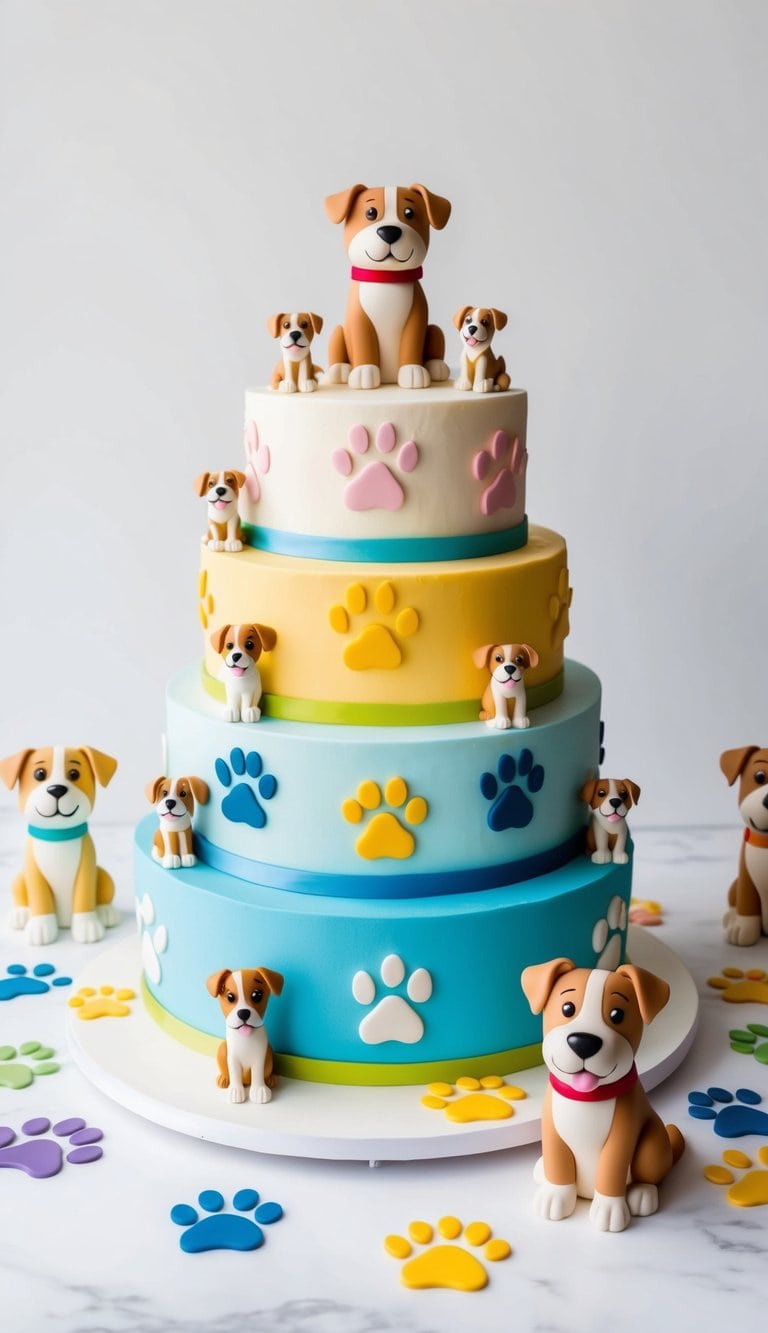 A cheerful, dog-themed cake surrounded by colorful paw prints and playful dog figurines