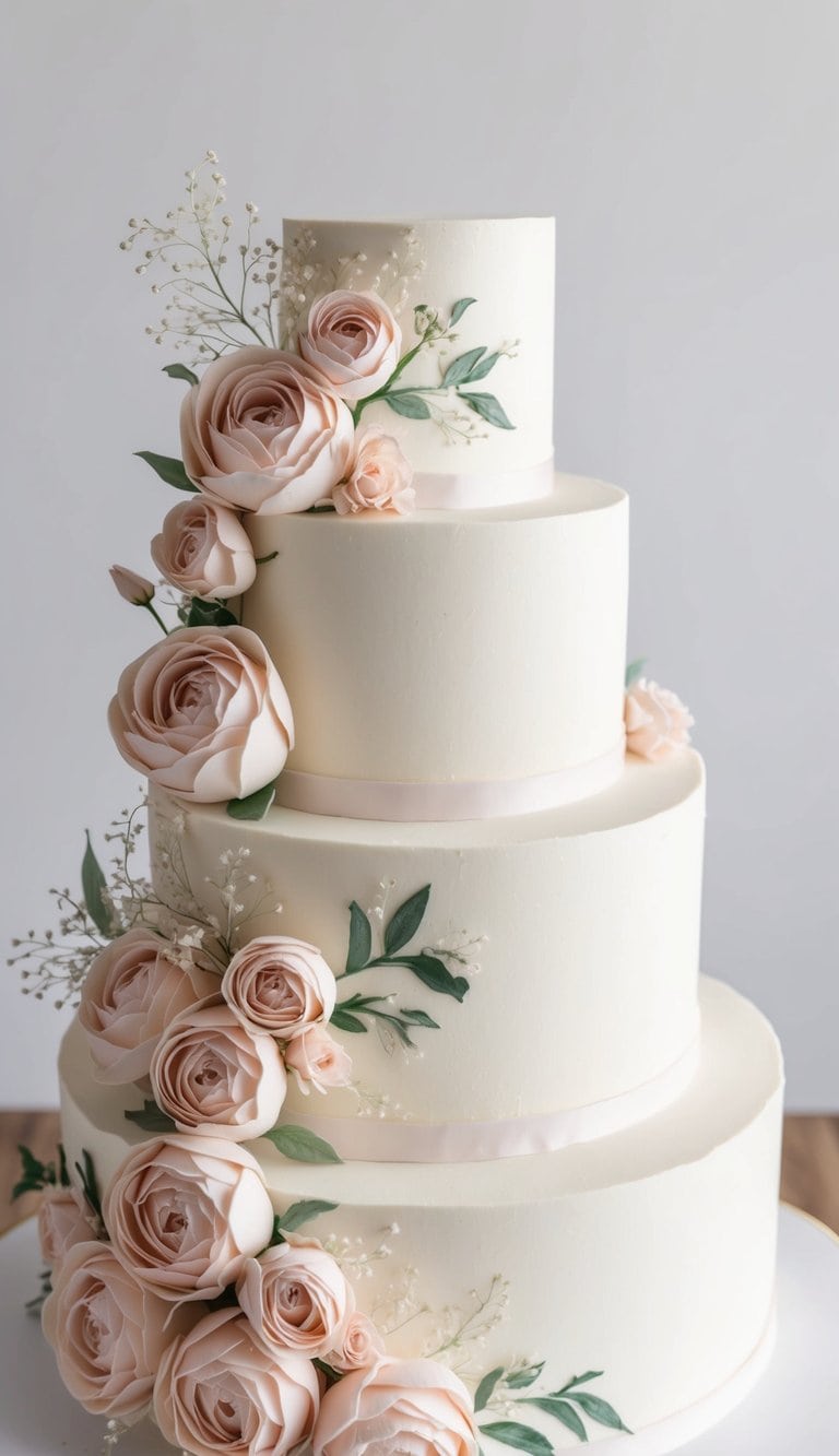 A tiered cake adorned with intricate sugar roses and delicate floral accents