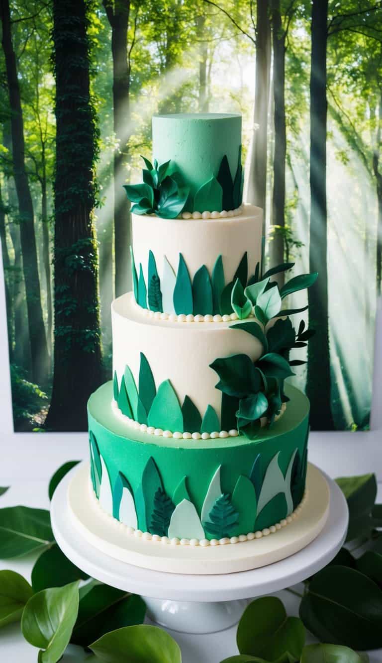 A lush forest with various shades of emerald green foliage, dappled with sunlight filtering through the trees