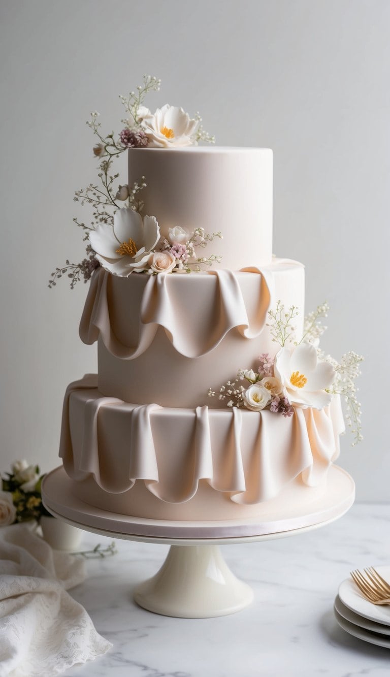 A beautiful, elegantly draped fondant cake adorned with delicate floral decorations and intricate piping details