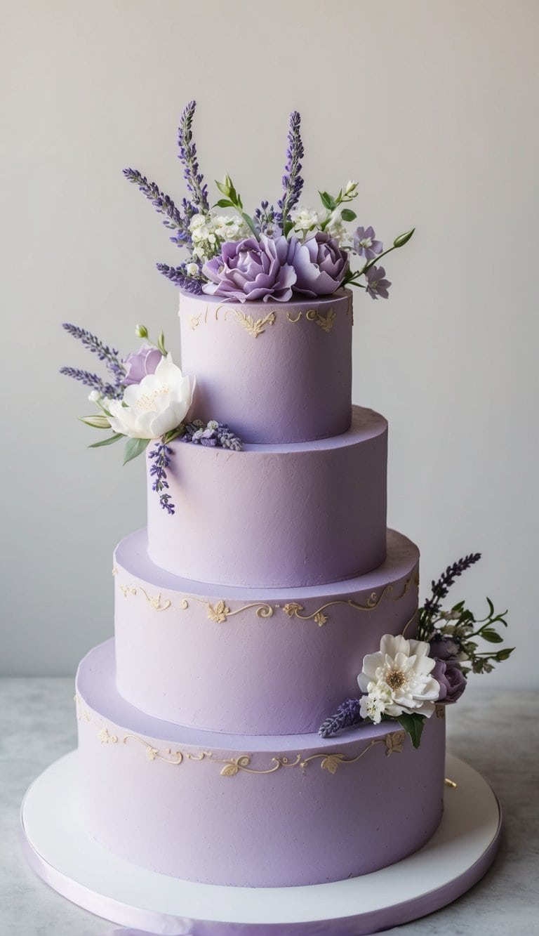 A lavender-themed cake adorned with delicate flowers and elegant decorations