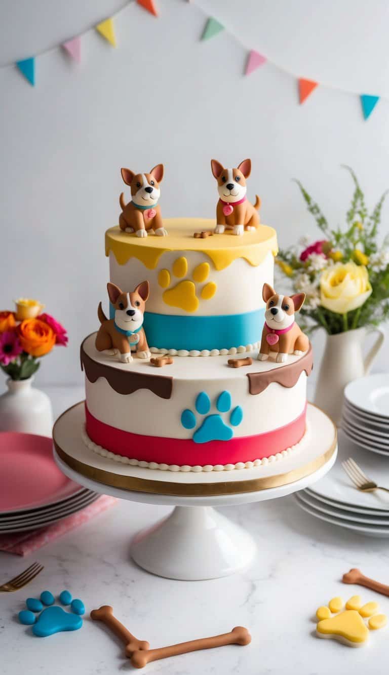 A colorful picnic scene with playful dogs decorating cakes with paw prints and bones