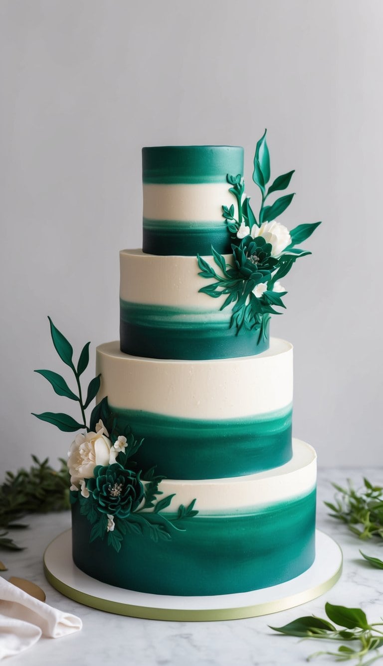 A three-tiered cake with rich emerald green icing, adorned with intricate floral and leaf designs, accented with a splash of white for contrast