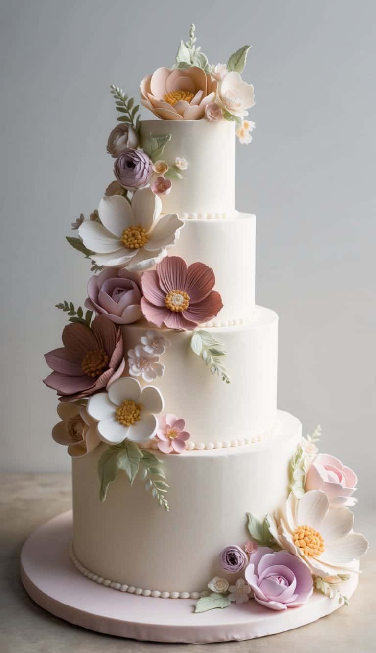 A tiered cake adorned with an array of elegant 3D flowers in various sizes and colors, creating a graceful and heartfelt Mother's Day centerpiece