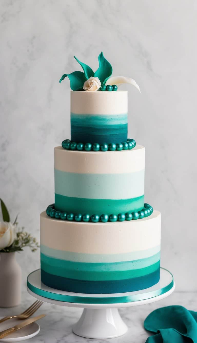 A three-tiered cake adorned with edible pearls in deep emerald green hues