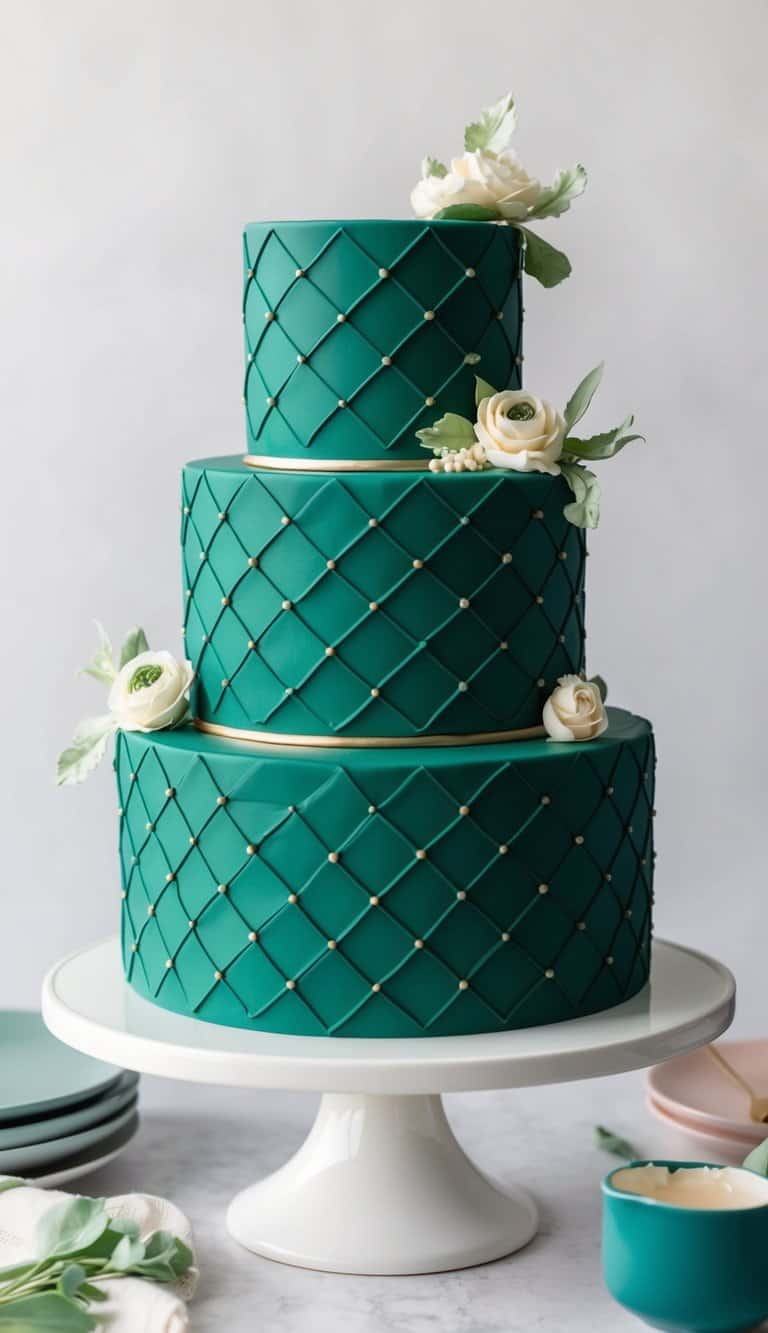A three-tiered cake with a quilted fondant pattern in deep emerald green, adorned with intricate edible decorations