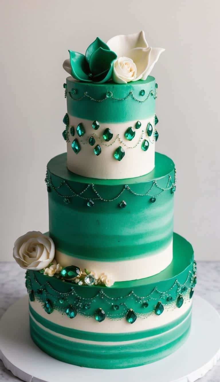 A decadent emerald green cake adorned with shimmering edible gems