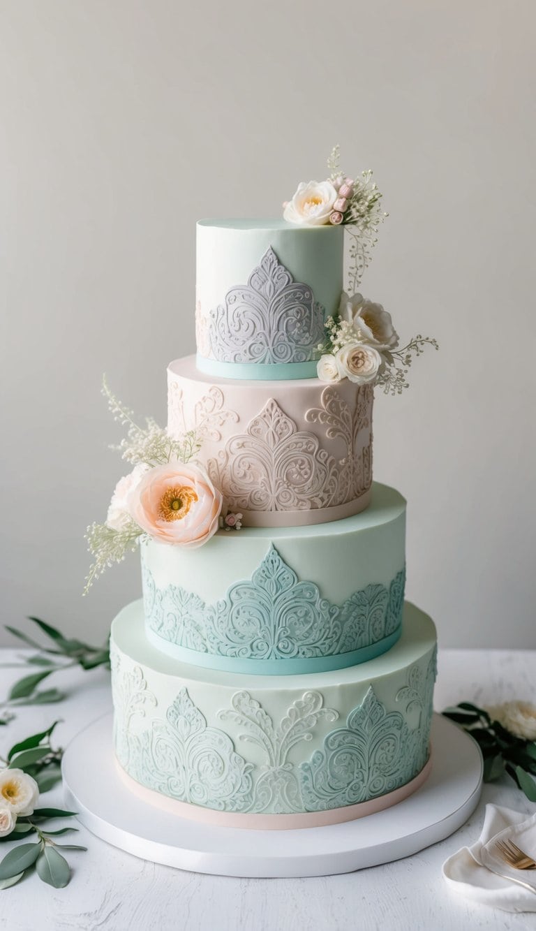 A tiered cake adorned with intricate, heirloom-inspired patterns in elegant pastel colors, accented with delicate floral decorations