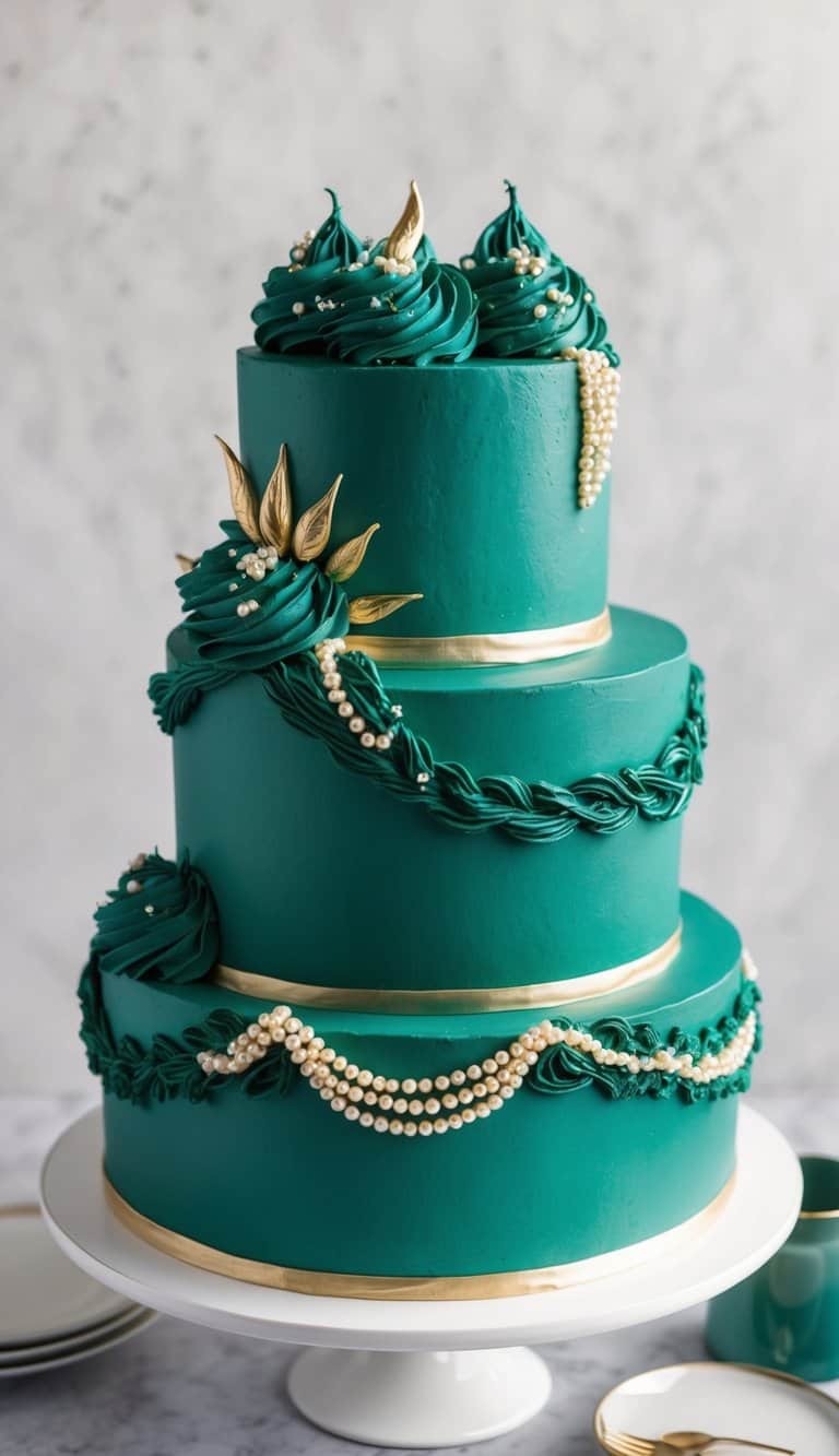 A three-tiered cake with intricate piping designs in deep emerald green, adorned with edible pearls and shimmering gold accents