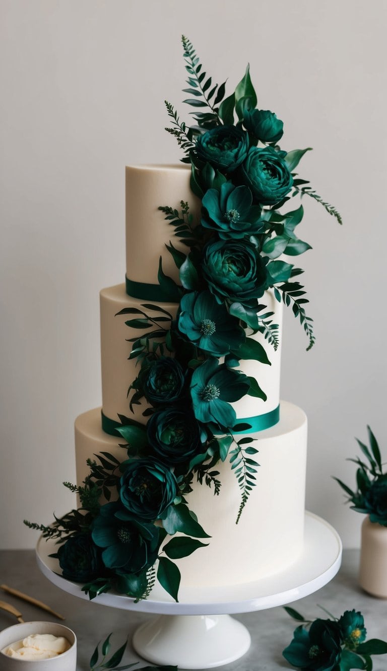 A three-tiered cake adorned with a cascading arrangement of deep emerald green flowers and foliage