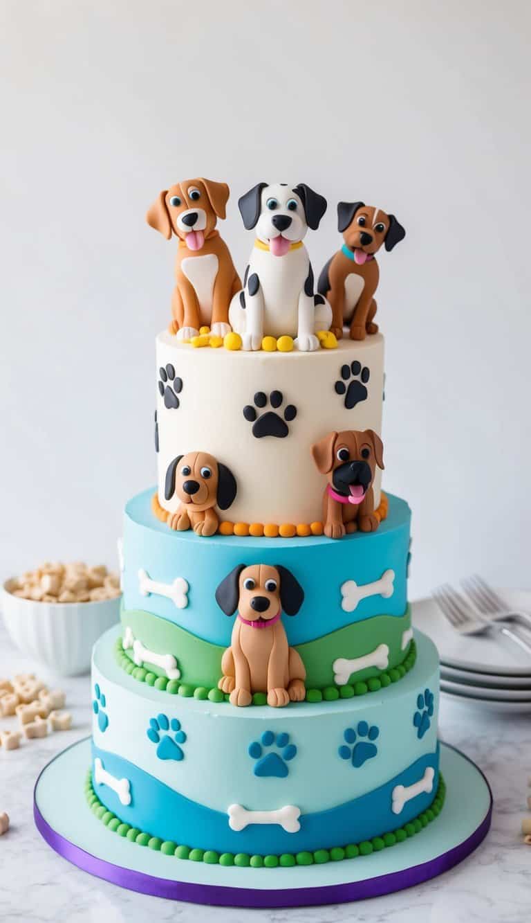 A group of playful dogs surrounded by paw prints and bones, with a colorful cake decorated with dog-themed designs