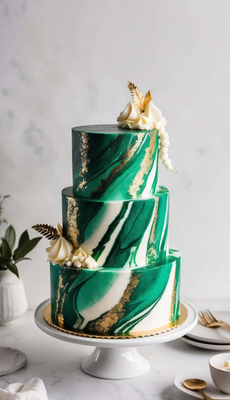 Emerald green marbled cake with shimmering gold veins