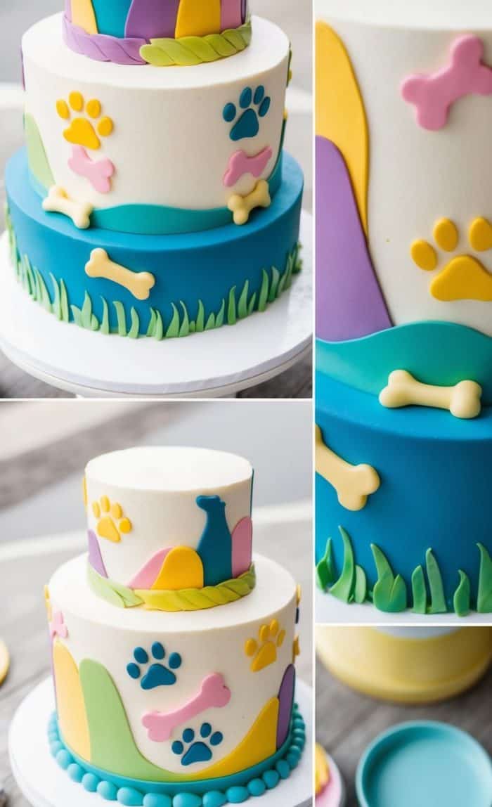 A two-tiered cake decorated with colorful fondant dog bones, paw prints, grass, and abstract shapes in blue, yellow, purple, and green. Close-up shots show the detailed decorations on the cake.