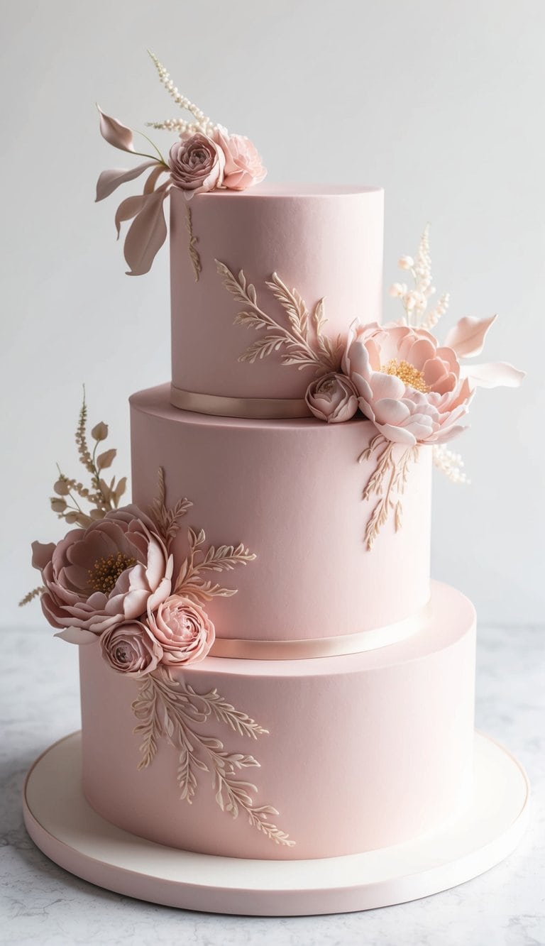 A delicate, blush pink cake adorned with elegant floral decorations and intricate piping details