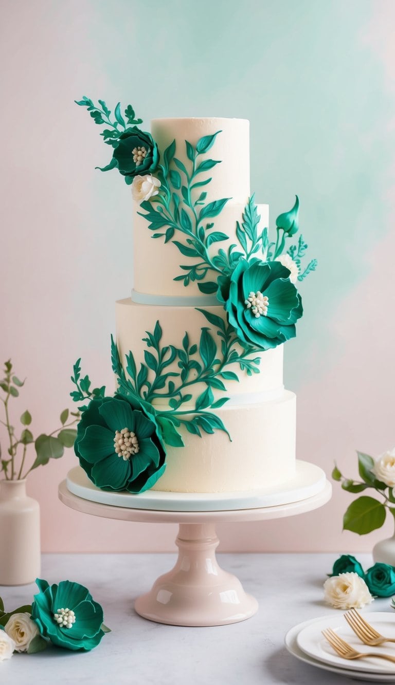 A tiered cake adorned with intricate emerald green floral designs, set against a backdrop of soft pastel hues