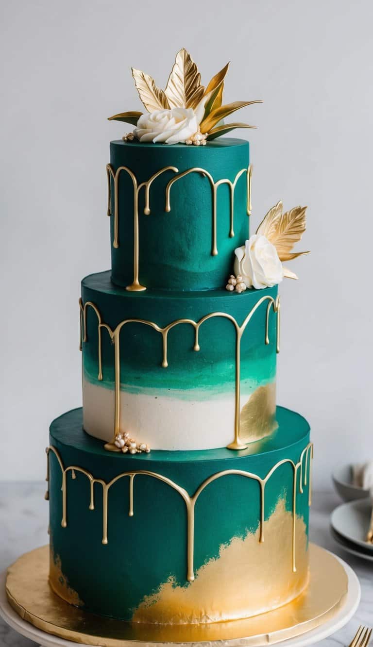 A three-tiered cake with deep emerald green frosting adorned with intricate gold drip details