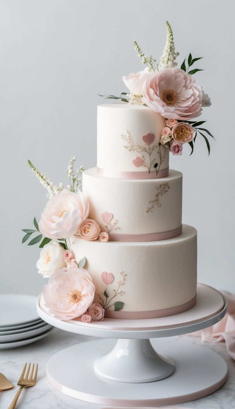 A delicate cake adorned with pastel flowers and elegant details