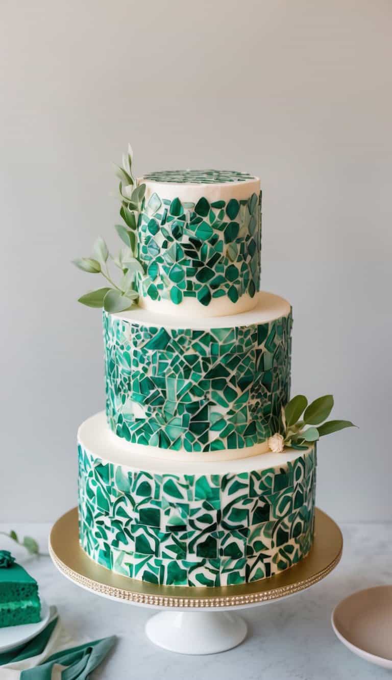A tiered cake adorned with intricate emerald green mosaic tile patterns