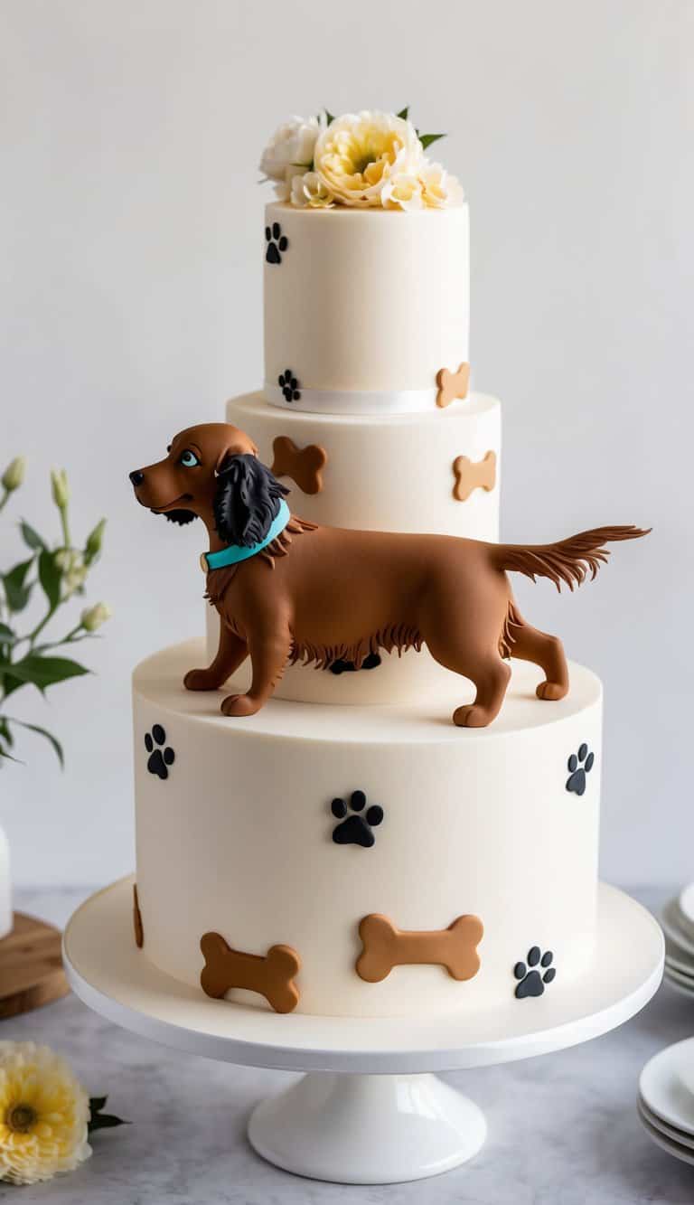 A spunky spaniel frolics among paw print and bone decorations on a whimsical dog-themed cake