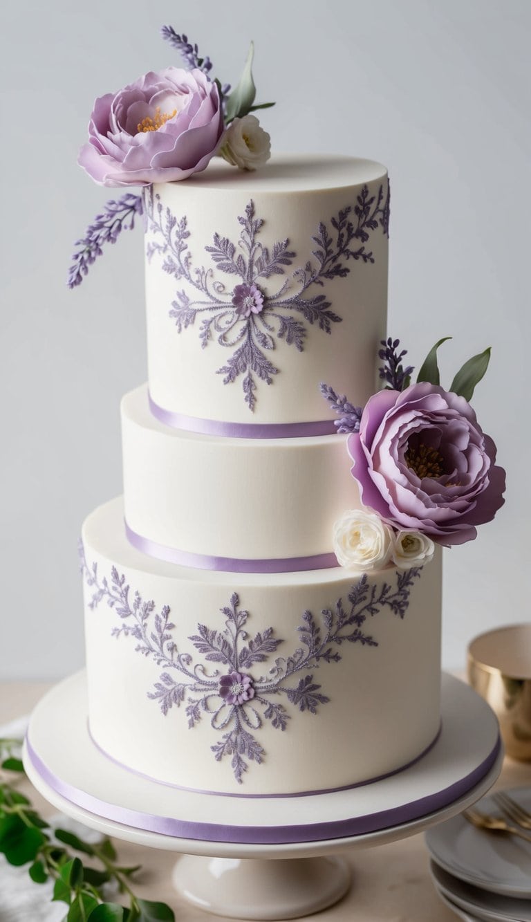 A cake adorned with delicate lavender lace embroidery and elegant floral designs