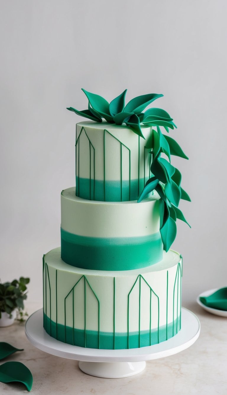 A three-tiered cake with emerald green icing, adorned with simple geometric patterns and topped with cascading green fondant leaves