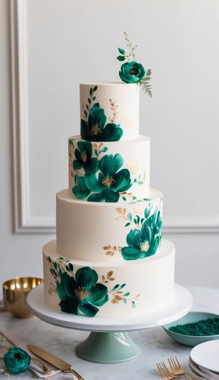 A three-tiered cake adorned with hand-painted emerald green floral designs and delicate gold accents