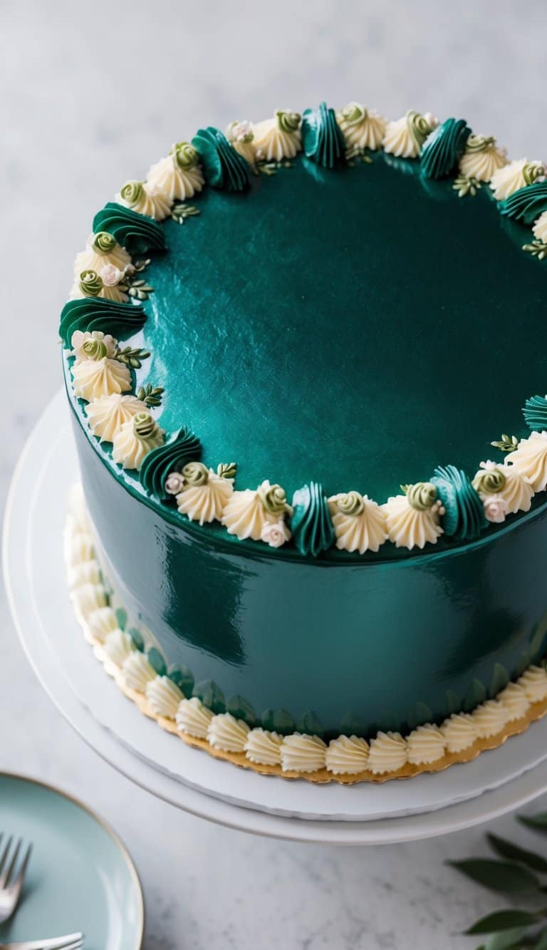 A round cake with a mirror glaze in deep emerald green, adorned with intricate decorative elements